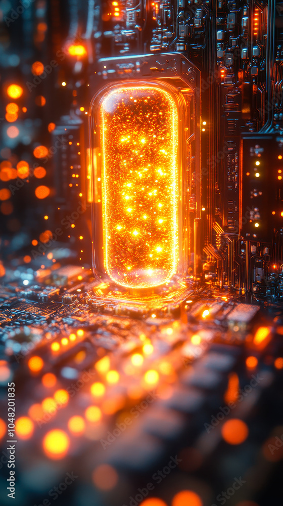 Aufkleber quantum computer illustration with glowing particles emitting power and progress in technology