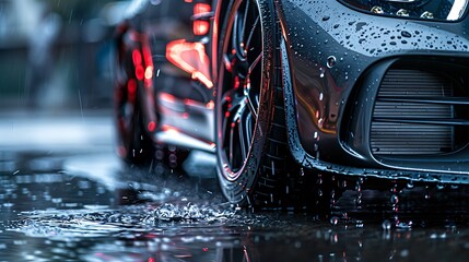 Wet front lip splitter with glistening raindrops parked by a curb