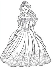 Fototapeta premium A beautiful princess in an elegant ball gown, coloring page for girls aged 4-8 years old