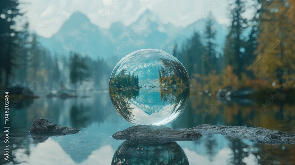 Aufkleber close-up of a crystal orb capturing a picturesque lake view, inverting the scene with magical reflec