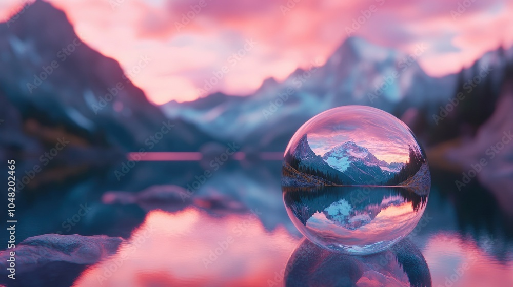 Poster Close-up of a crystal orb capturing a picturesque lake view, inverting the scene with magical reflections of nature.