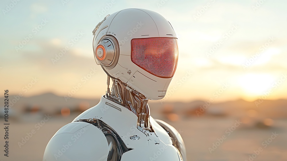 Poster futuristic robot with a sleek design against a beautiful sunset backdrop merging technology and aest