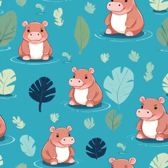 A cute hippopotamus is lounging among many leaves in a seamless pattern., seanless pattern, vector