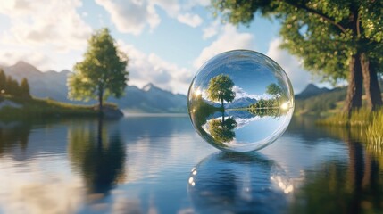 Close-up of a crystal orb capturing a picturesque lake view, inverting the scene with magical reflections of nature.