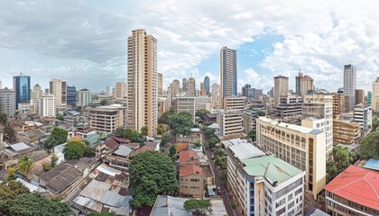 Obraz premium Skyline View of a City with Tall Buildings and a Mix of Old and New Architecture