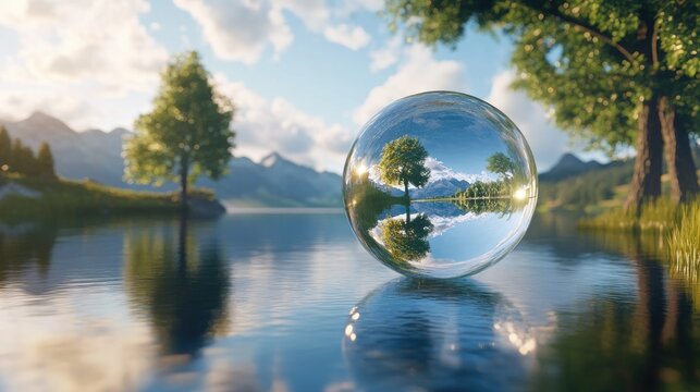 Close-up of a crystal orb capturing a picturesque lake view, inverting the scene with magical reflections of nature.