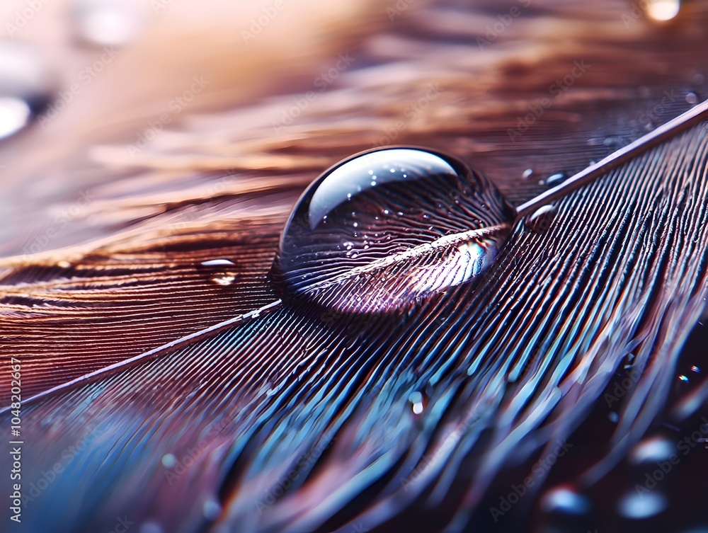 Poster captivating water drop resting on intricate feather texture