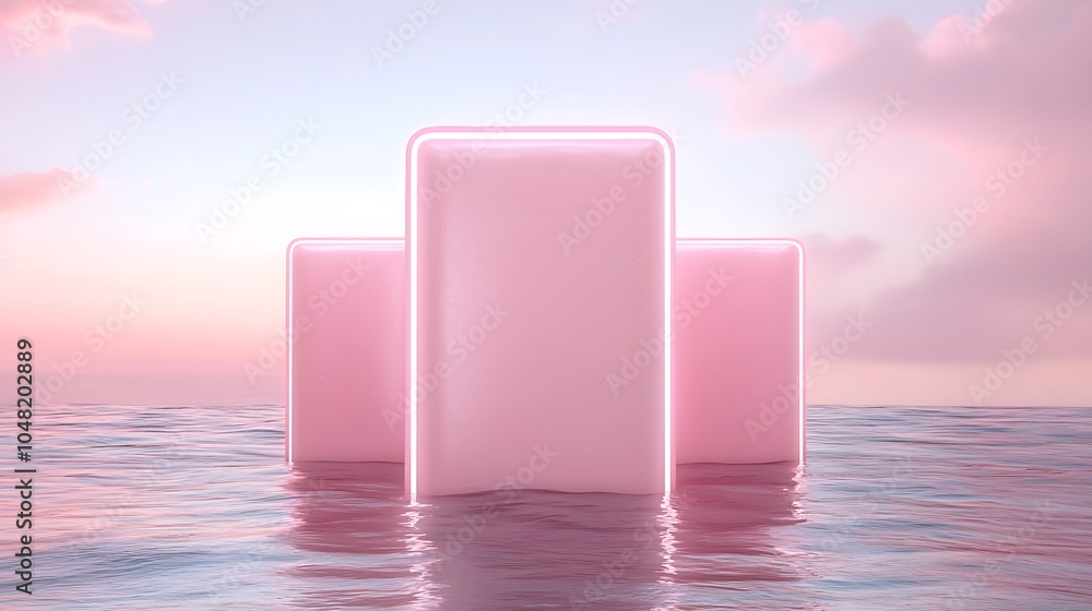 Poster a serene sunset over glossy abstract structures rising from the tranquil water's surface creating a 