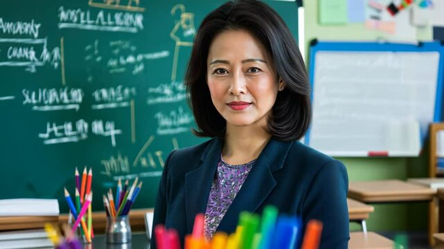 Asian female teacher at school classroom  with mathematic equations on chalkboard 