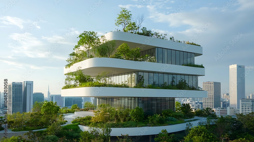 Poster innovative green architecture exploring the balance of nature and modern design in urban spaces