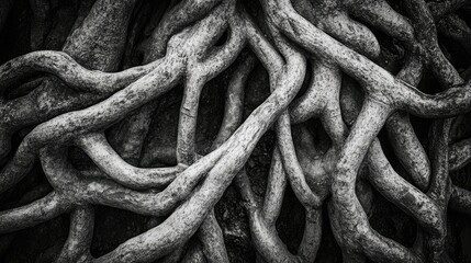 Close-up of intertwined roots, reflecting connected growth in nature