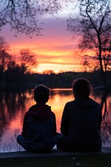 Fototapeta premium Two figures sit by a lake, watching a vibrant sunset reflected on the water.