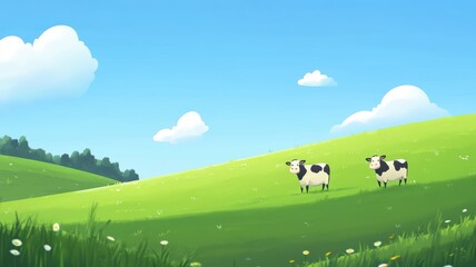Fototapeta premium Fresh milk from pitcher into the glass with grass field and cows with a natural background,fresh milk ad template banner,Cows live on natural pastures, packaging with milk packs concept.