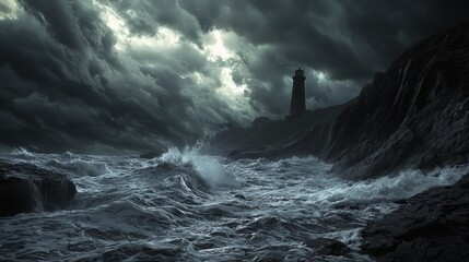 Obraz premium Resilient Lighthouse: Symbol of Strength Facing Storm - Ultra-Detailed Coastal Landscape Photography