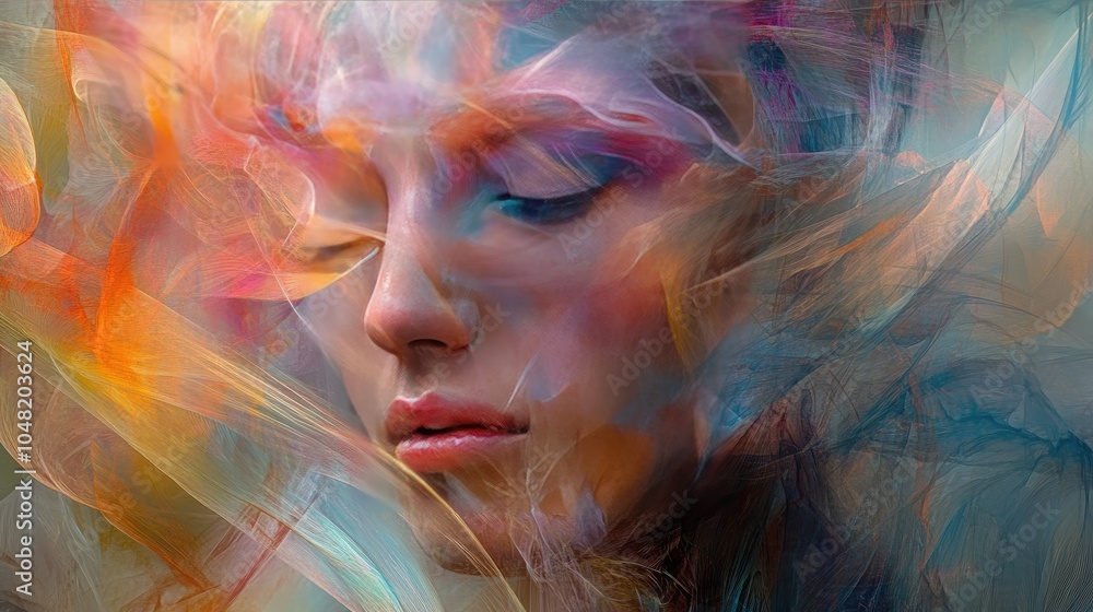 Poster dreamlike portrait of a person with overlaying abstract colors and lights, symbolizing the surreal s