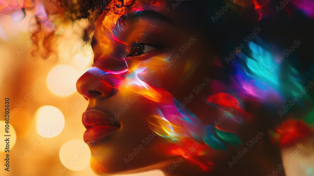 Poster dreamlike portrait of a person with overlaying abstract colors and lights, symbolizing the surreal s