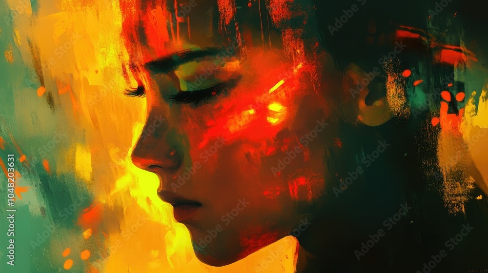 Poster Dreamlike portrait of a person with overlaying abstract colors and lights, symbolizing the surreal state of a medicated mind.