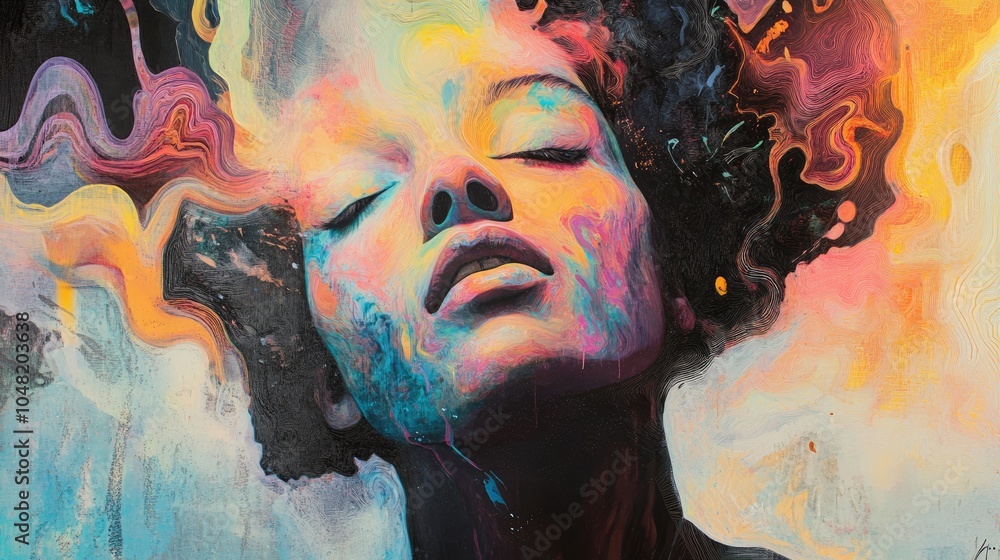Poster dreamlike portrait of a person with overlaying abstract colors and lights, symbolizing the surreal s