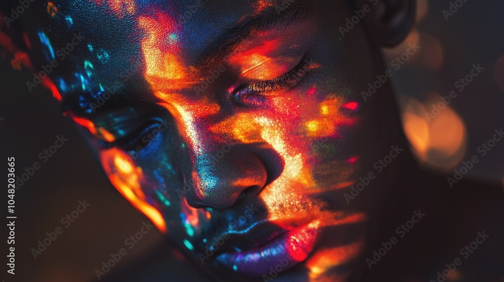 Poster dreamlike portrait of a person with overlaying abstract colors and lights, symbolizing the surreal s