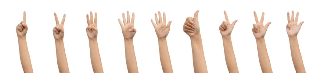 PNG of Closeup Beautiful female hand count from one to nine gestures Isolated on blank white...