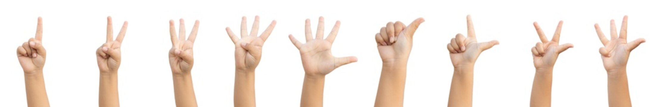 PNG of Closeup Beautiful girl kid right hand count from one to five gestures Isolated on blank white background. Set of woman palms raised fingers gesture numbers 
