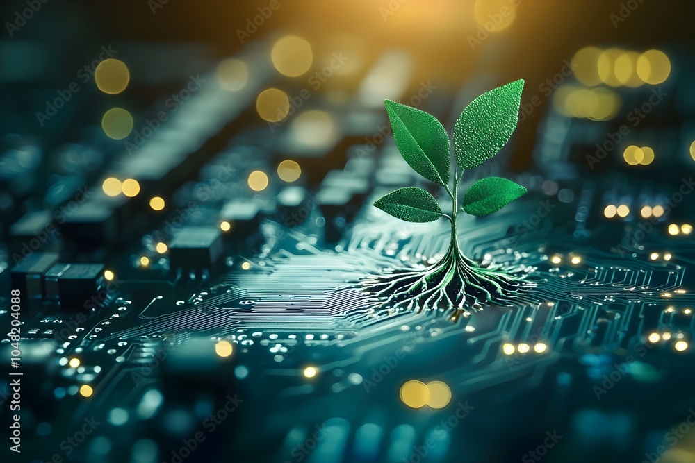 Poster digital coin rooting into circuit board visualizing technology and finance for growth strategies