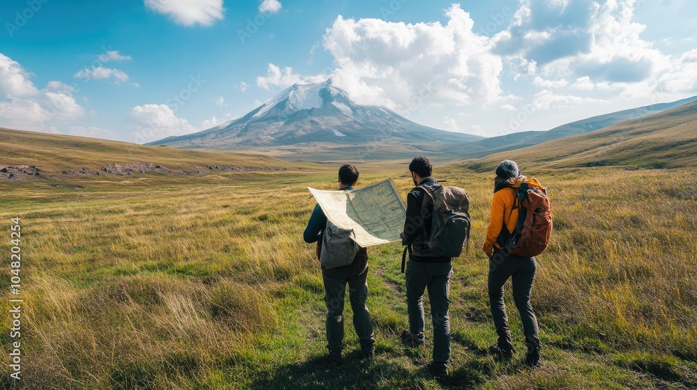 Poster expedition team exploring mount ararat, with ancient maps and records on a mission to find noah's ar
