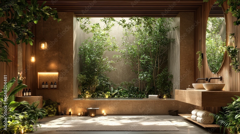 Poster a spa setup with essential oils that capture the fresh scent of forests, surrounded by greenery and 