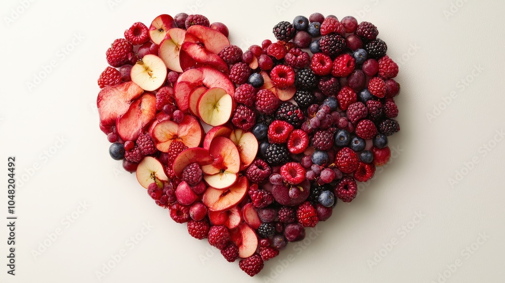 Poster a striking heart design made from an array of sliced berries and apple pieces, elegantly displayed a