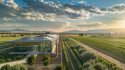 Modern Glass Building and Expansive Green Farmland Under a Cloudy Sunset Sky