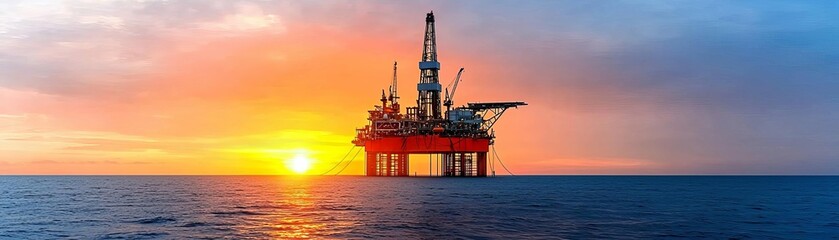 Offshore oil rig at dawn, silhouette against the rising sun, clear reflections on the water, balance of light and shadow, majestic and expansive view