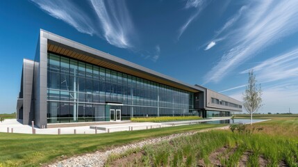 Obraz premium Modern Glass and Steel Office Building with a Reflecting Pond in Front