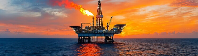 Obraz premium Oil platform with flaring tower against the backdrop of a sunset, orange and red hues illuminating the sky, reflections on water, powerful industrial aesthetic