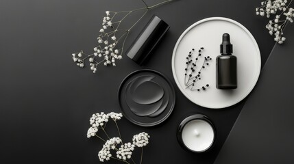 A minimalist flat lay showcasing a black serum bottle, a cream jar, and a candle, all set against a black background. The image is an invitation to indulge in self-care.
