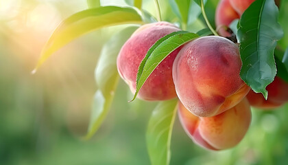 A close-up of ripe peaches hanging from the branch and Peach tree with fresh ripe organic peaches.
