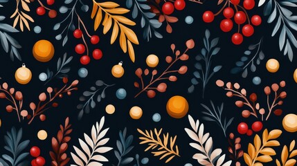 Naklejka premium Seamless Festive Pattern of Winter Foliage and Berries on Dark Background