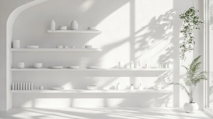 Obraz premium Minimalist shop design, open white shelves with curated items, soft shadows, and plenty of empty space for a modern look.