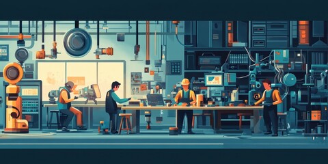 Fototapeta premium Industrial workspace with four workers.