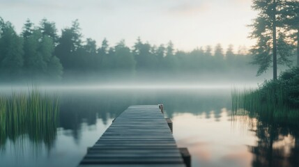 Obraz premium Minimalistic dock reaching out over a still lake, the scene bathed in soft morning light and serene reflections.