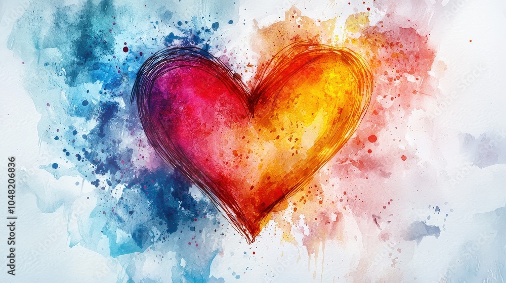 Poster a visually appealing image of abstract heart art featuring vibrant watercolor splashes in soft paste