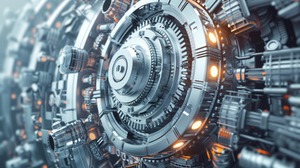A futuristic looking machine with many gears and a large round part