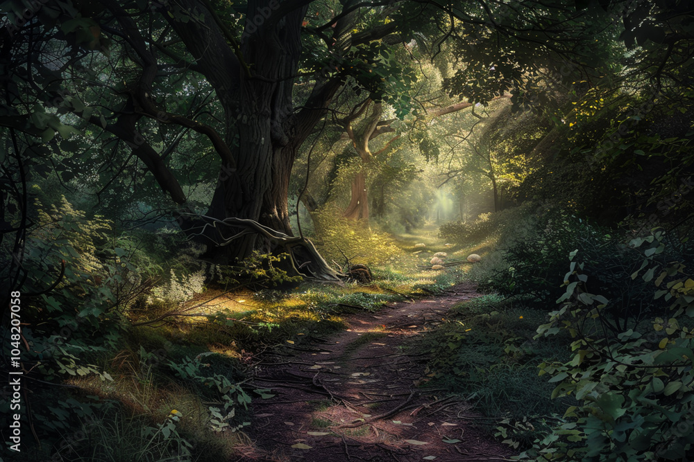Aufkleber a forest path with a tree in the middle