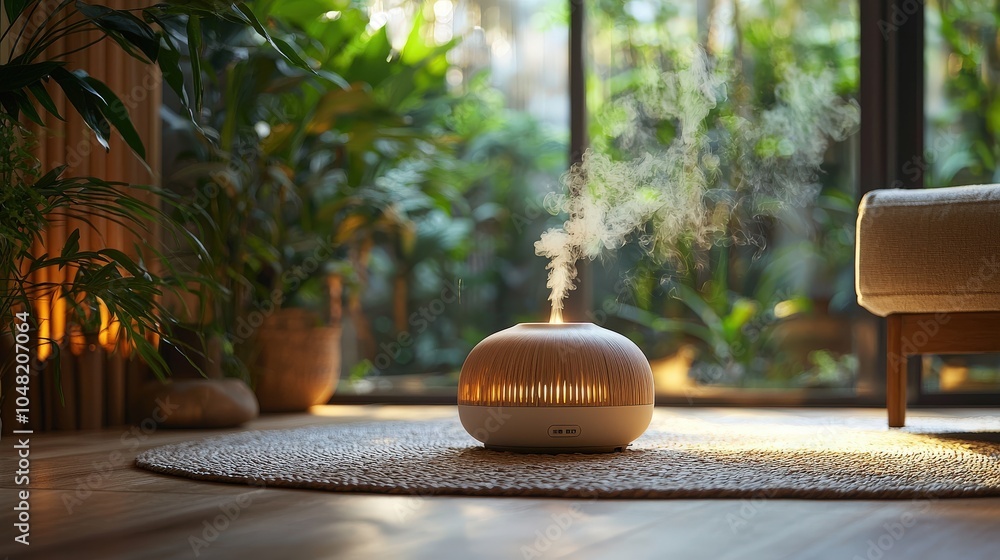 Poster a wellness space with restorative essential oils diffusing, creating a healing atmosphere with soft 