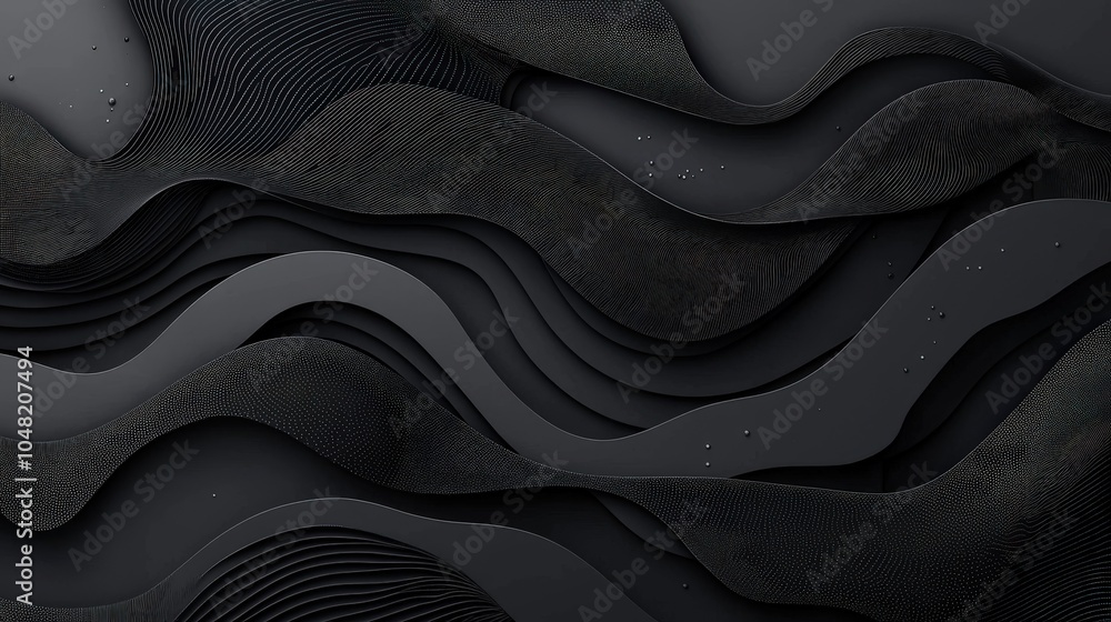Poster an abstract black background with flowing lines and shapes in varying shades of black and gray, crea