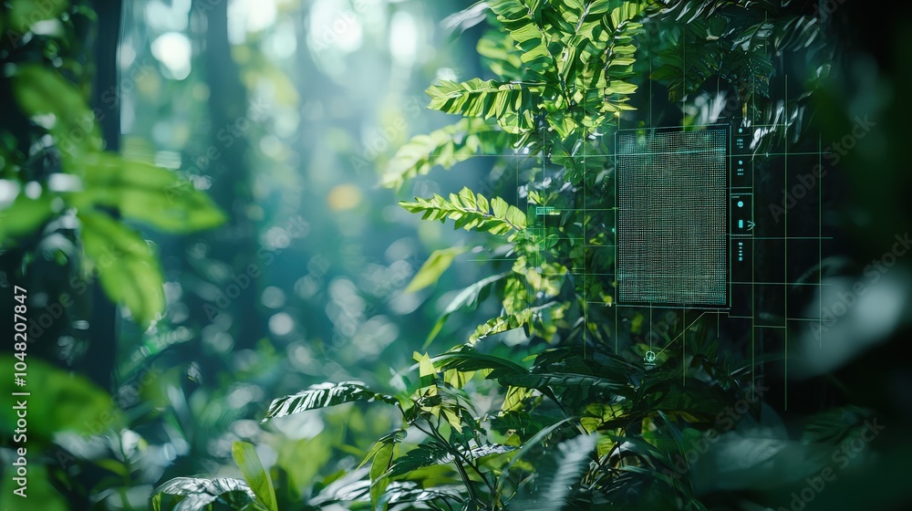 Poster an ai-powered camera focused on classifying various shades of green in lush foliage, showcasing its 