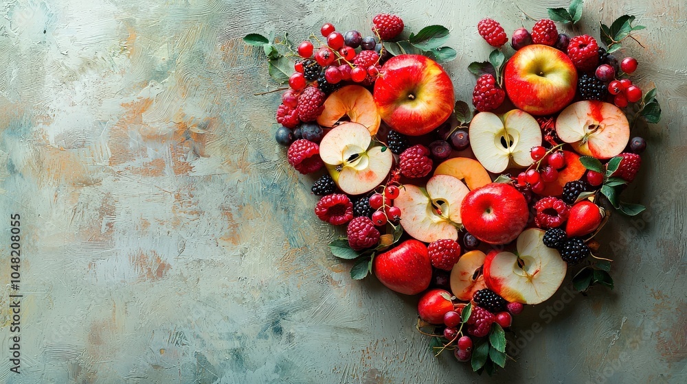 Poster an appealing artistic heart created with neatly arranged slices of apples and various berries, isola