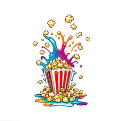 Illustration of popcorn and colorful liquid splashing on white background.
