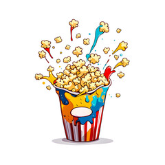 Illustration of popcorn and colorful liquid splashing on white background.