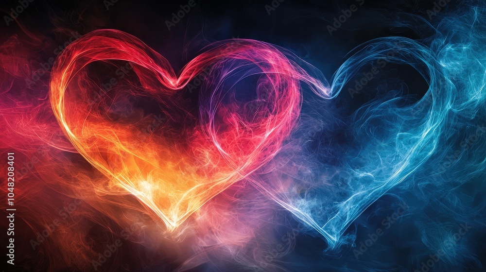 Poster an artistic composition of abstract heart shapes intertwined, illuminated with vibrant colors agains