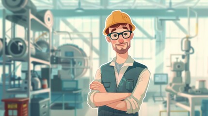 Cartoon Mechanical Engineer in Modern Workshop